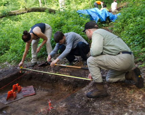 Photograph of students mapping a dig site at the Ordway Field Station.