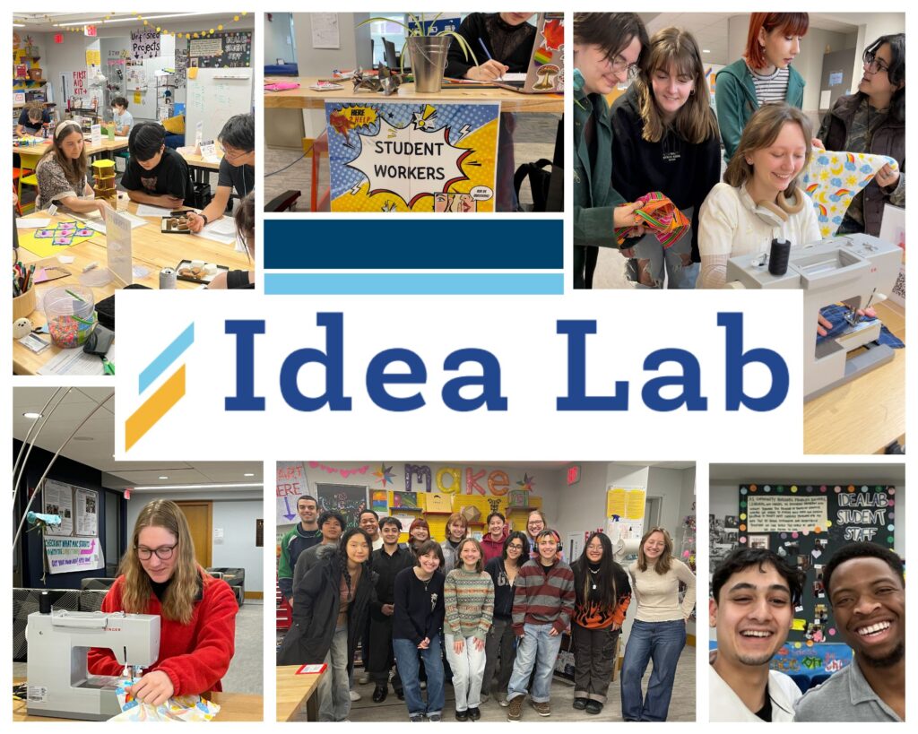 Photo collage of Idea Lab students engaging in the makers space