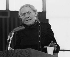 Hildegard Binder Johnson speaking at a podium