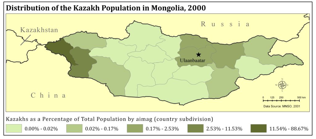 Distribution of the Kazakh population in Mongolia during 2000