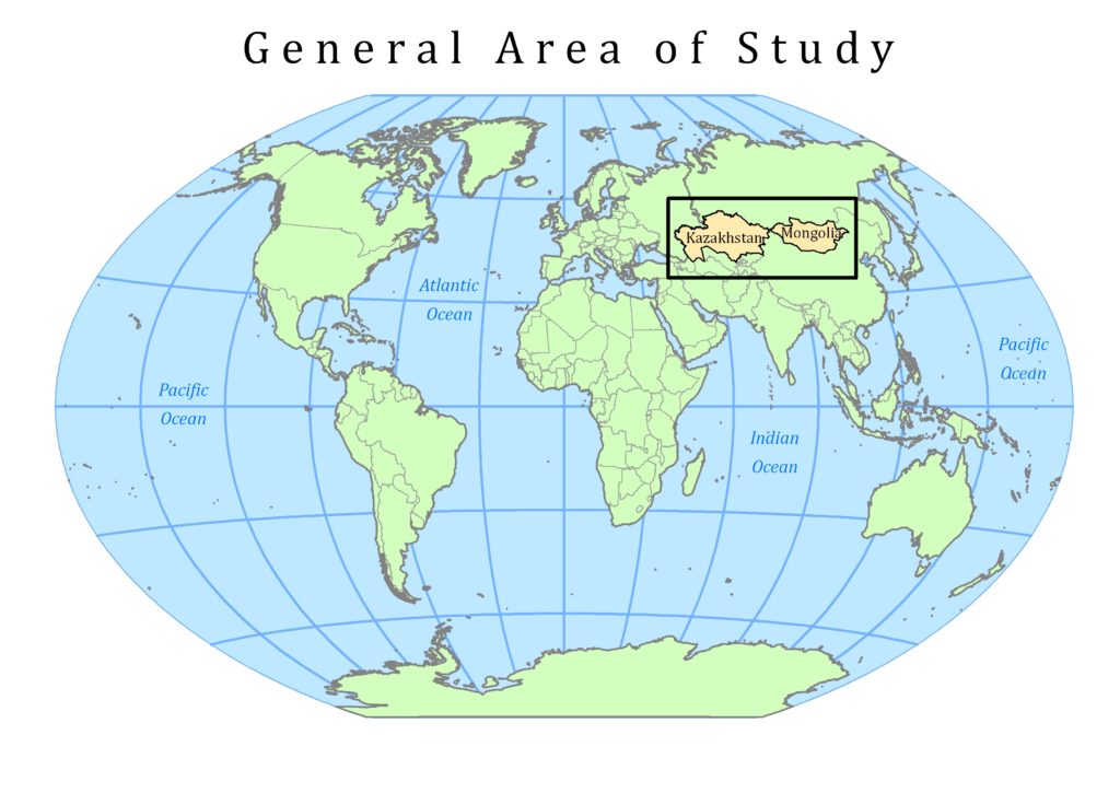 Image of a globe indicating the General Area of Study which is Kazakhstan and Mongolia