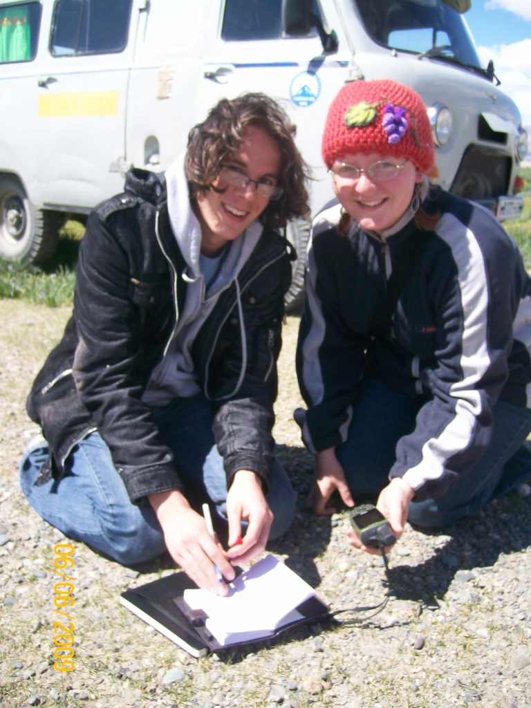 A photo of Celia Emmelhainz and Namara Brede performing field research