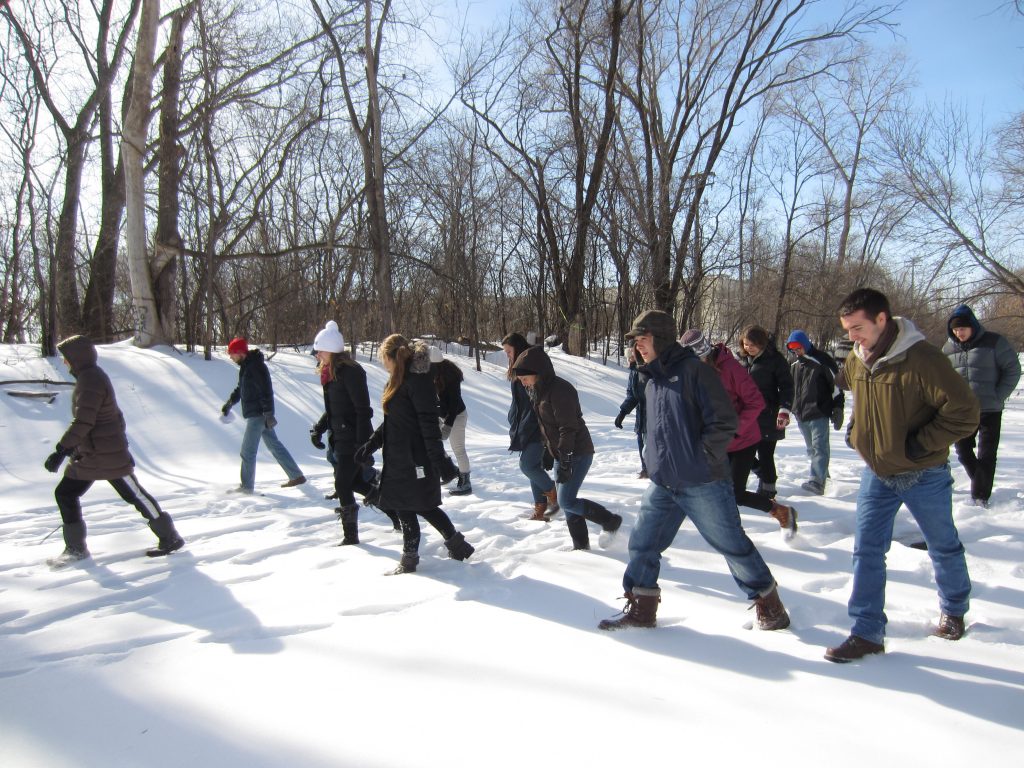 Geography students trekking through snow.