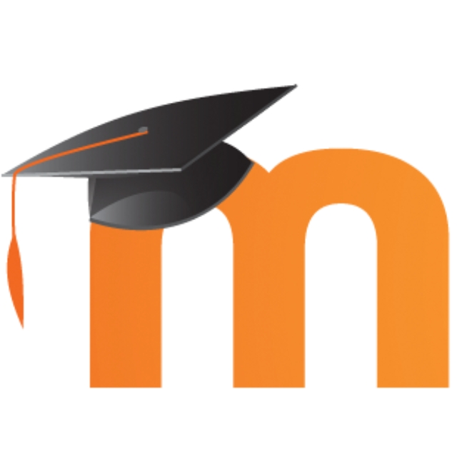 The logo for Moodle, which is an orange M wearing a graduation cap.