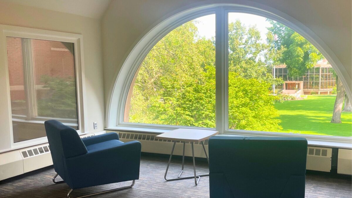 The Link window overlooking the chapel