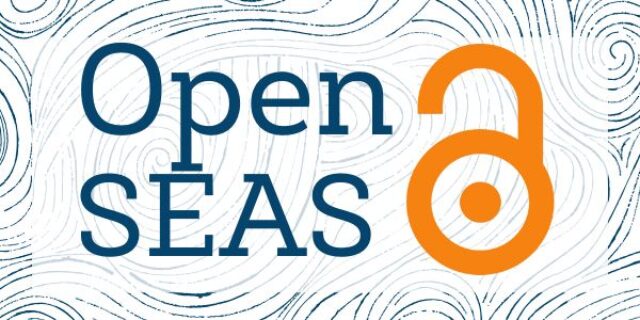 Background of blue waves with an orange padlock, unlocked, and the words Open Seas.