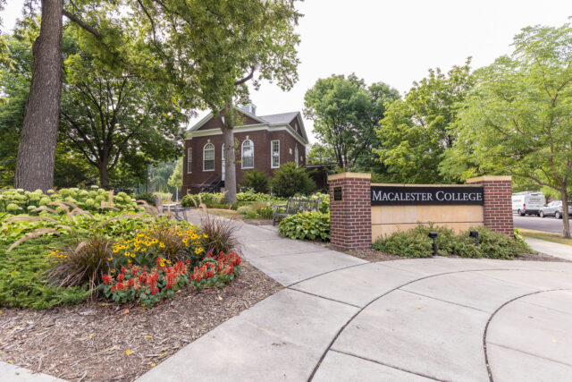 View of Weyerhaeuser Hall from the corner of Macalester Street and Grand Avenue.