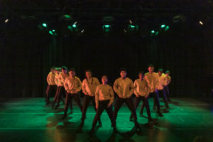 Several dancers stand in a V formation on stage