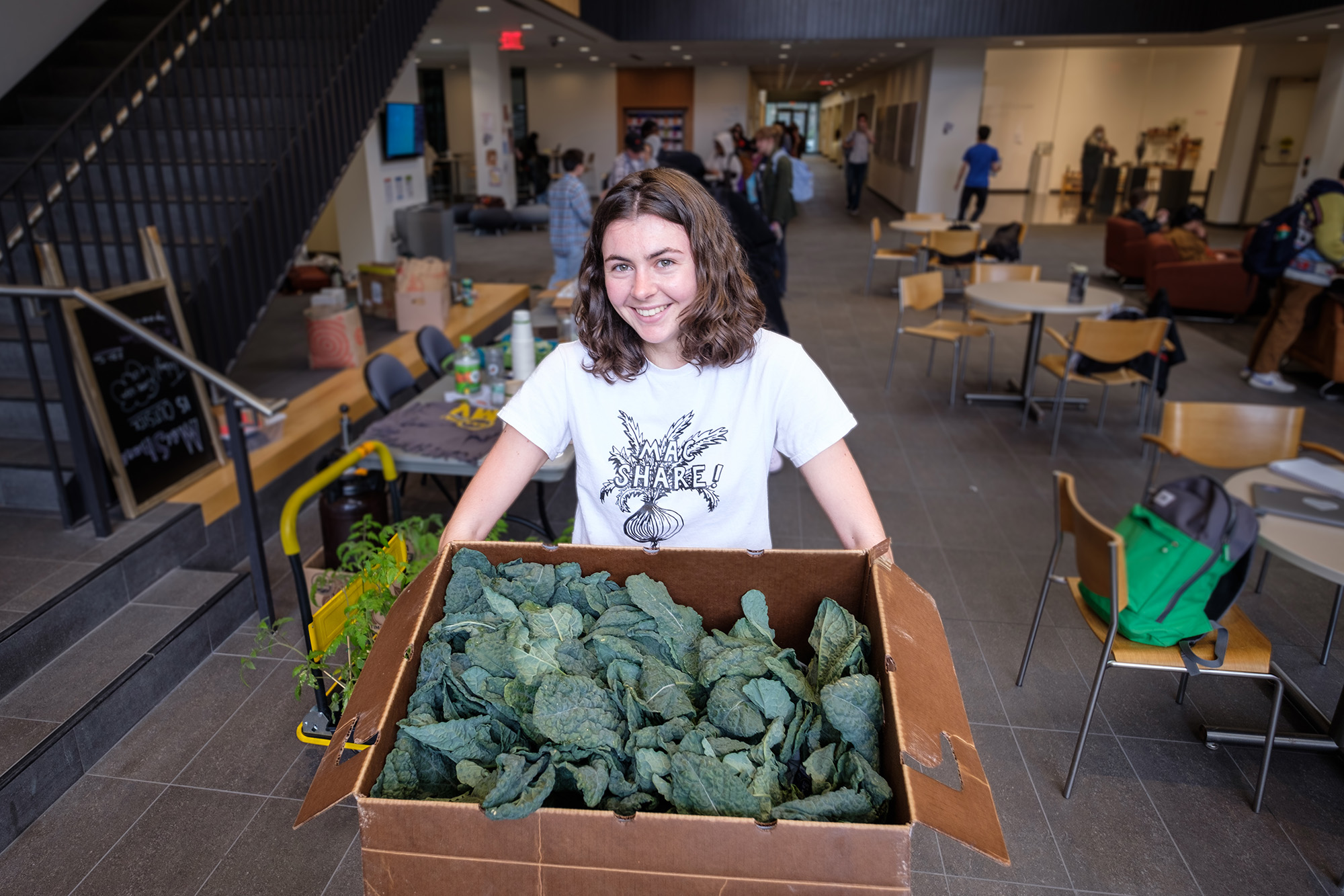 A student who is a member of the MacShare student organization holds a box of lettuce at one of their produce sales.